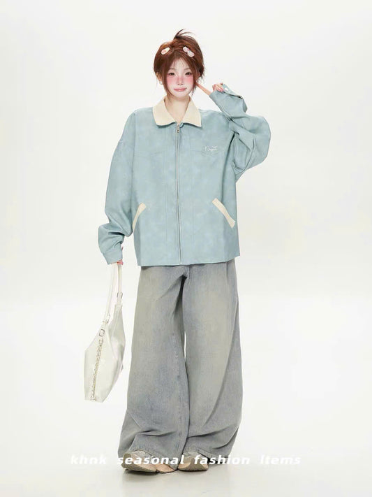 Áo khoác jacket da retro xanh - đen