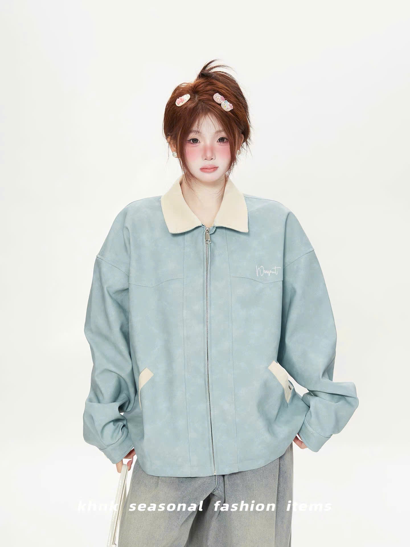 Áo khoác jacket da retro xanh - đen