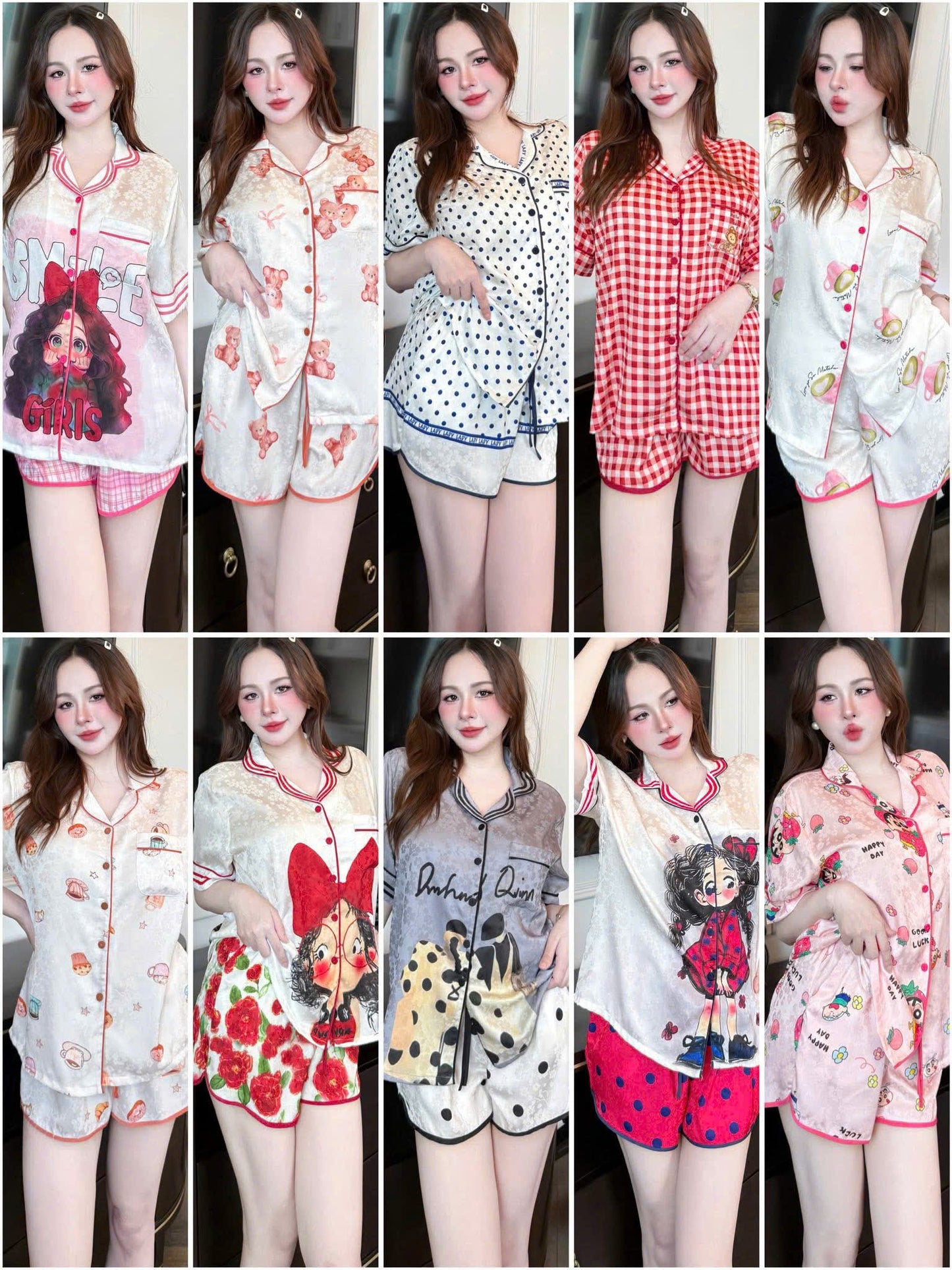Bộ ngủ pijama gấm quần sọt xẻ chạy viền