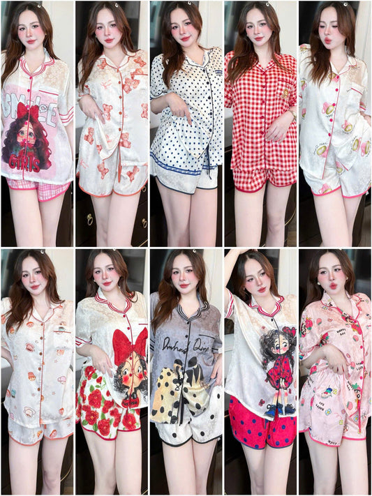 Bộ ngủ pijama gấm quần sọt xẻ chạy viền