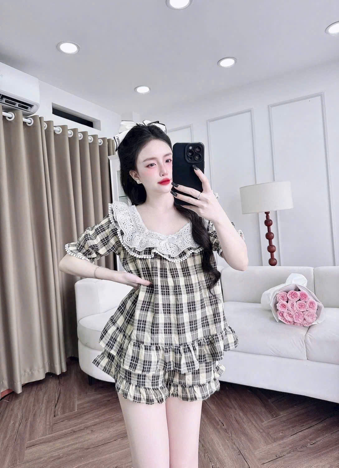 Bộ ngủ đùi caro tiểu thư phối ren