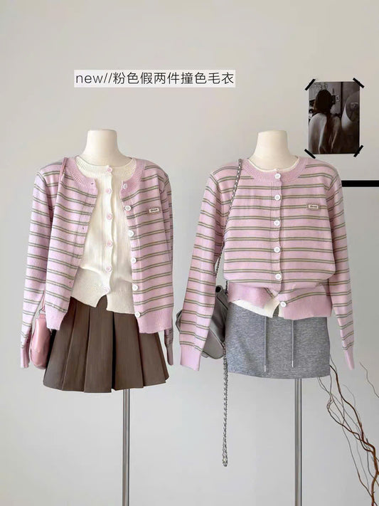 Áo khoác cardigan hồng sọc xanh lá