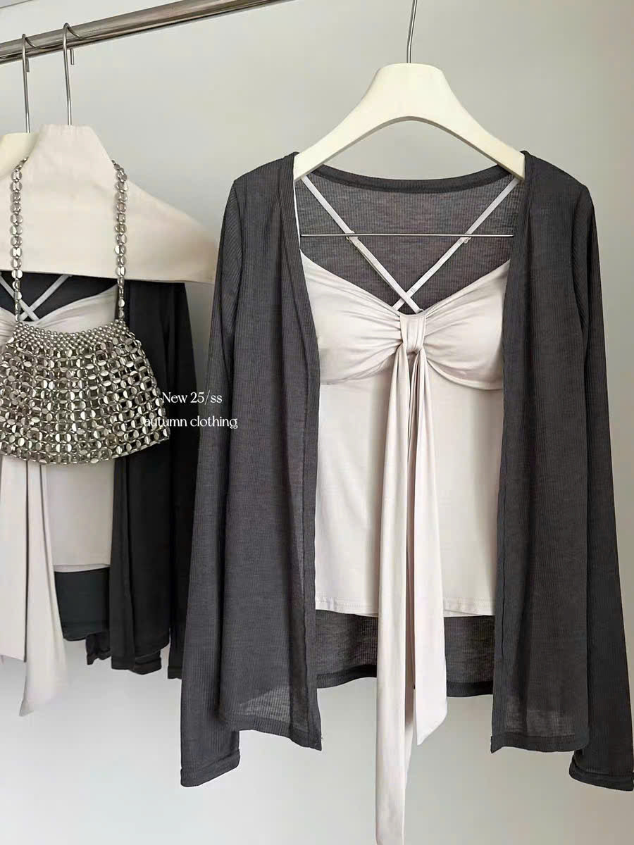 Set áo 2 dây chéo và áo khoác cardigan