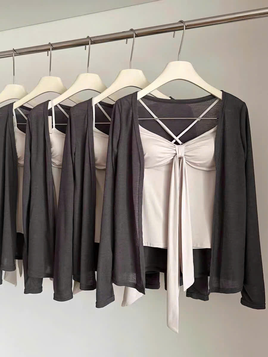Set áo 2 dây chéo và áo khoác cardigan