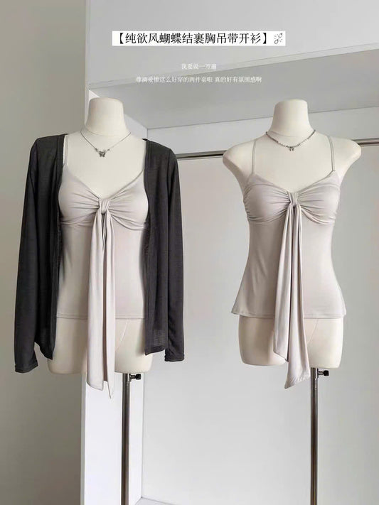 Set áo 2 dây chéo và áo khoác cardigan