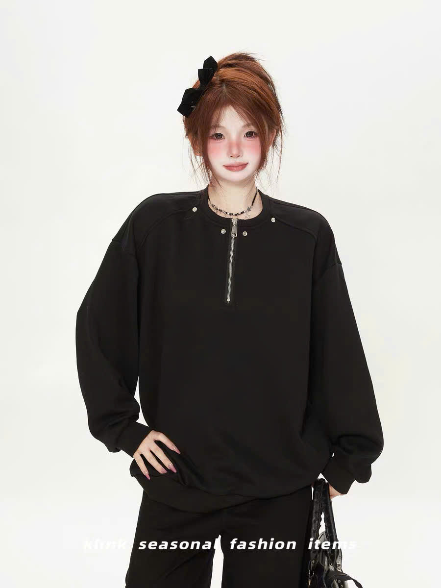 Áo sweater đen cổ khóa kéo