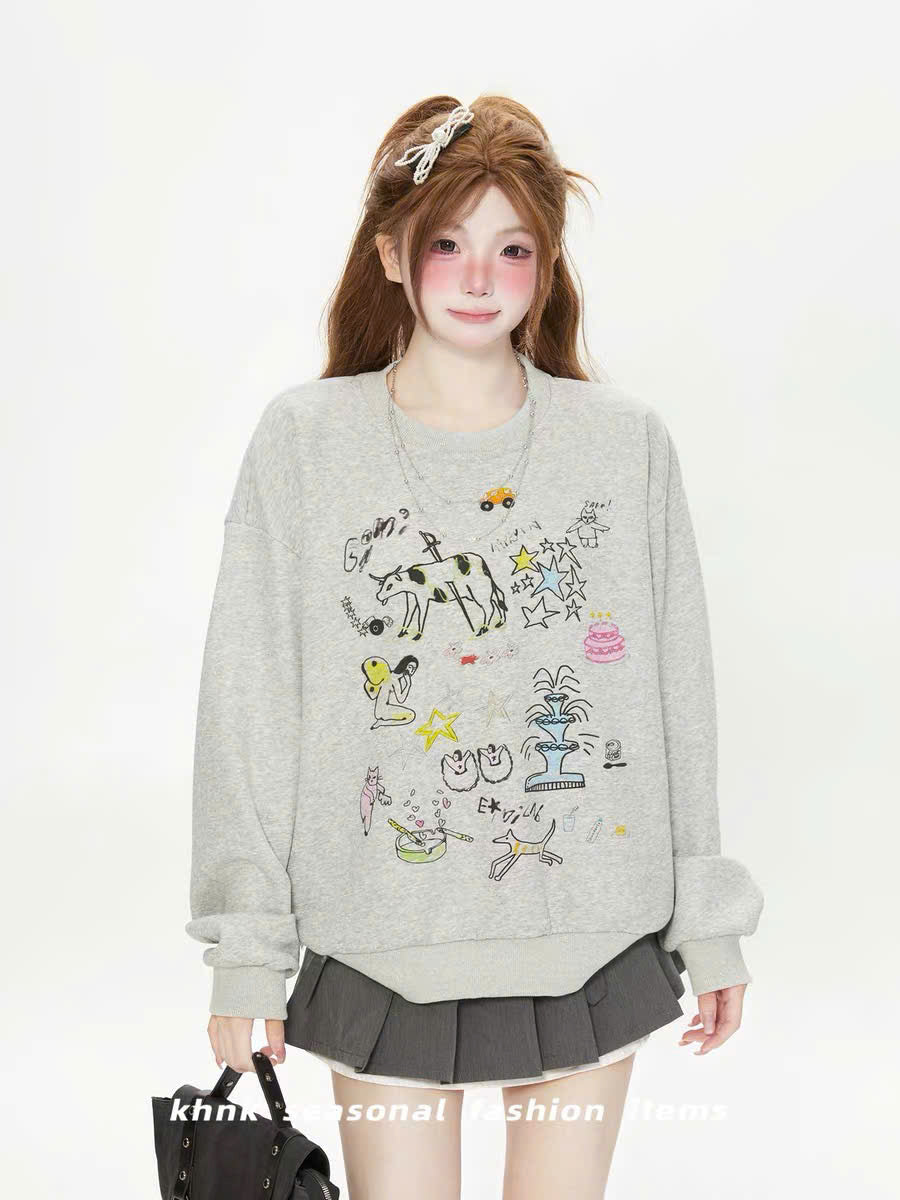 Áo sweater xám hình vẽ cá tính