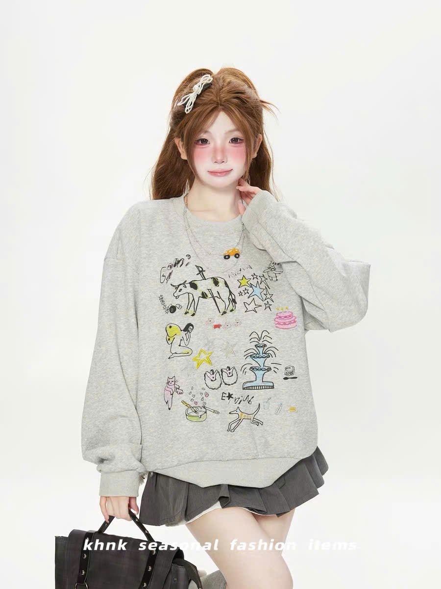 Áo sweater xám hình vẽ cá tính