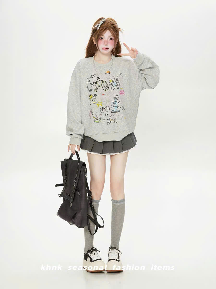 Áo sweater xám hình vẽ cá tính