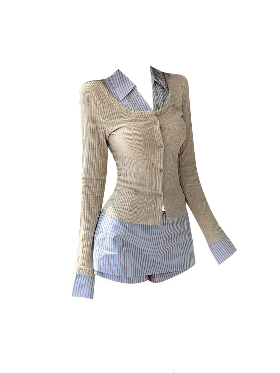 Set áo sơ mi phối cardigan và quần giả váy kẻ sọc xanh