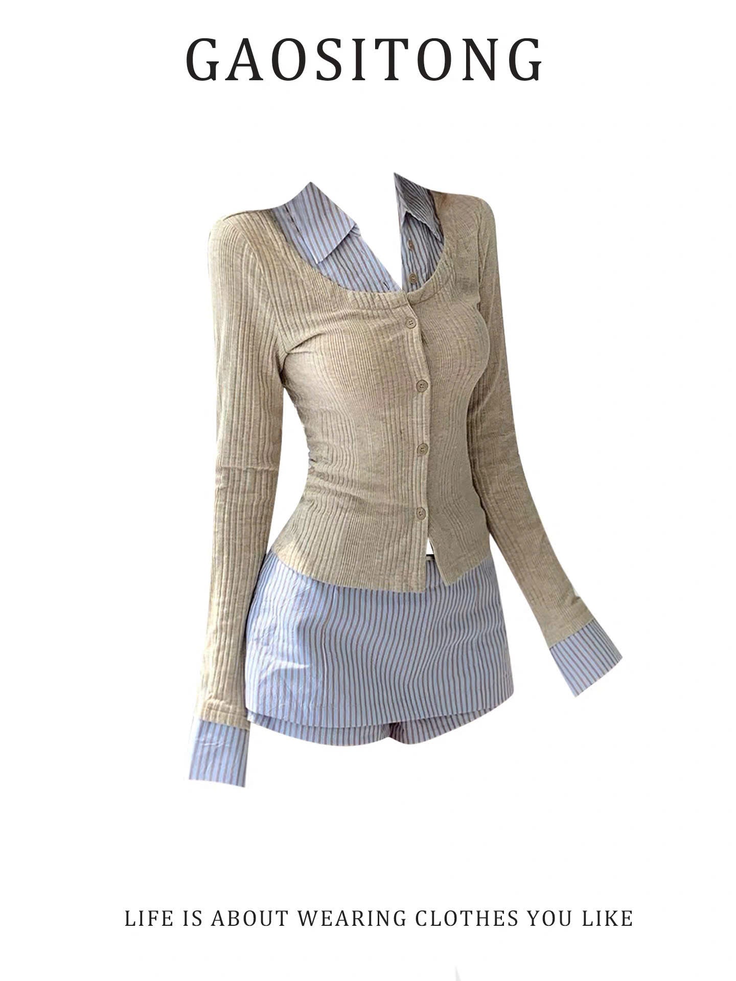 Set áo sơ mi phối cardigan và quần giả váy kẻ sọc xanh