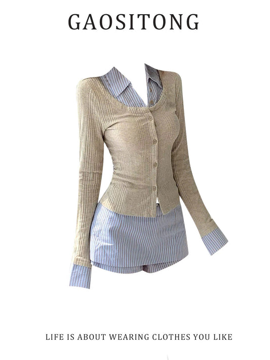 Set áo sơ mi phối cardigan và quần giả váy kẻ sọc xanh
