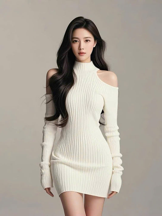 Đầm len trắng cổ lọ tay dài khoét vai ôm body