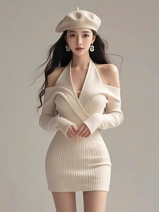 Đầm len trắng kem tay dài trễ vai ôm body