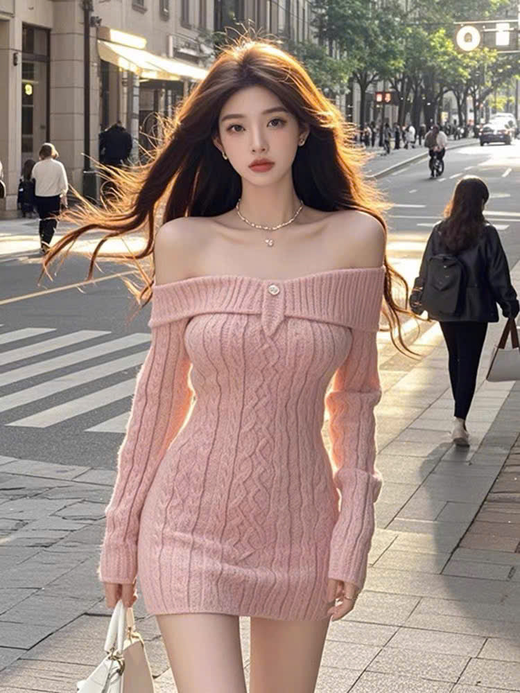 Đầm len hổng tay dài trễ vai ôm body