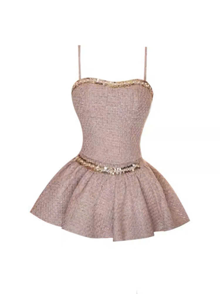Đầm dạ tweed 2 dây đính đá kèm áo khoác sang chảnh