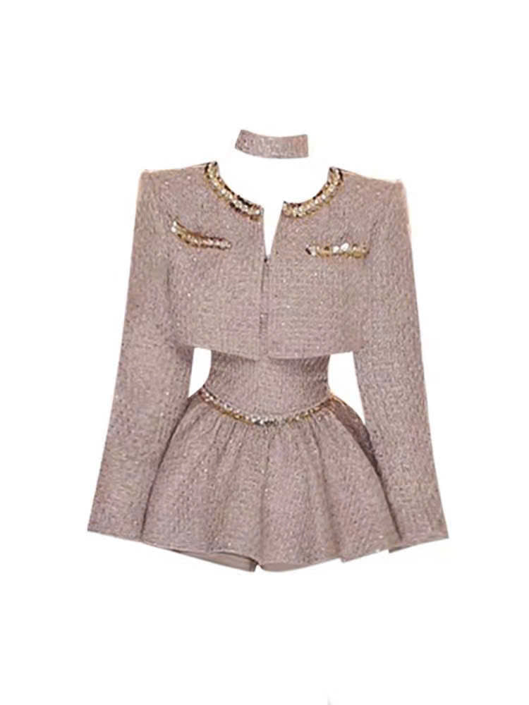 Đầm dạ tweed 2 dây đính đá kèm áo khoác sang chảnh