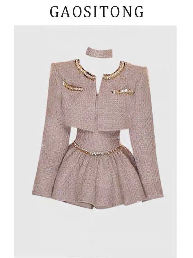 Đầm dạ tweed 2 dây đính đá kèm áo khoác sang chảnh