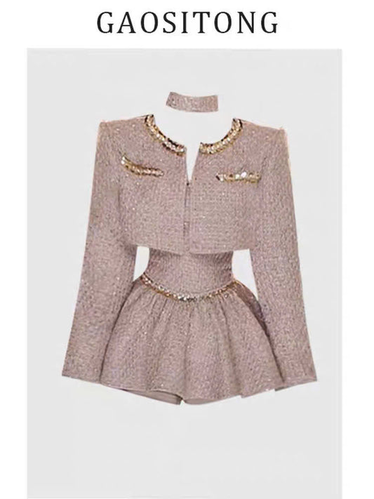 Đầm dạ tweed 2 dây đính đá kèm áo khoác sang chảnh