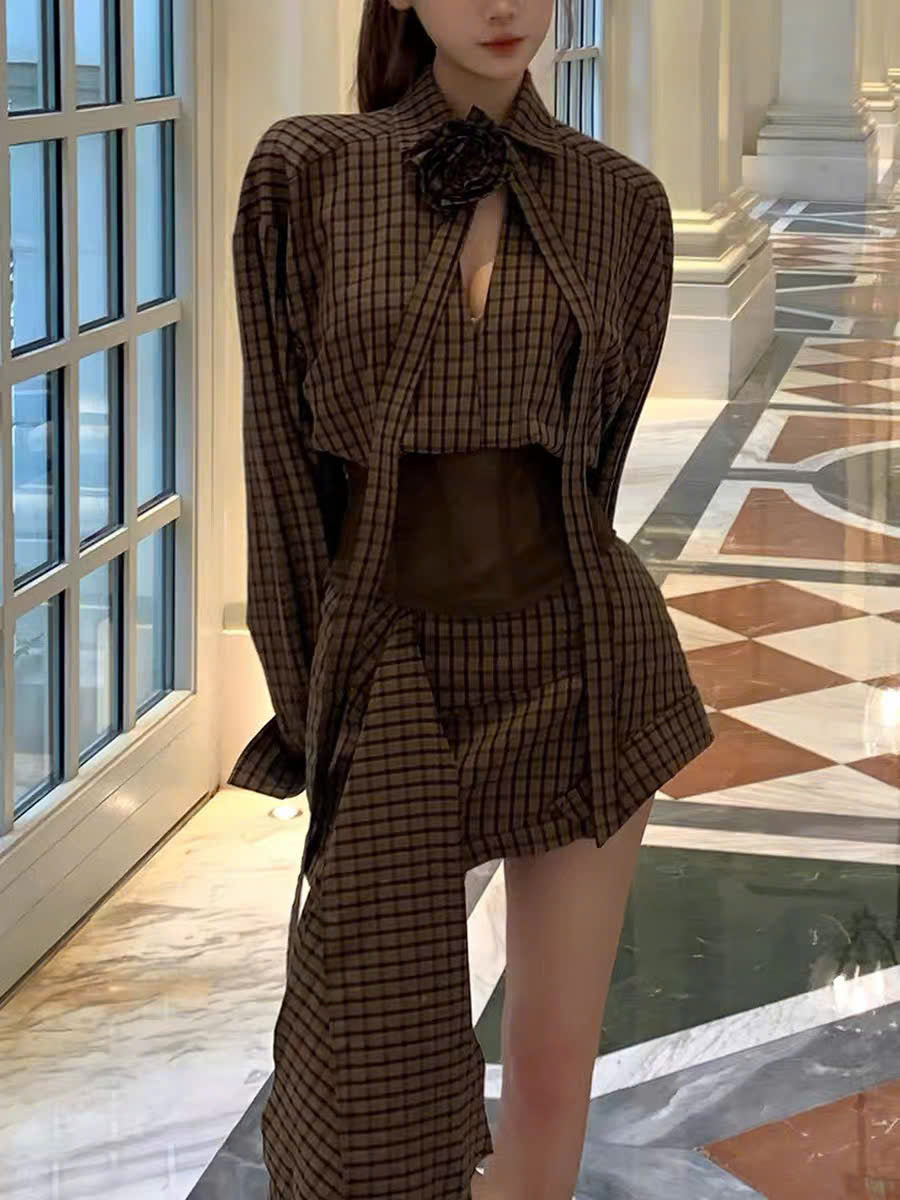 Đầm sơ mi caro tà dài cổ xẻ