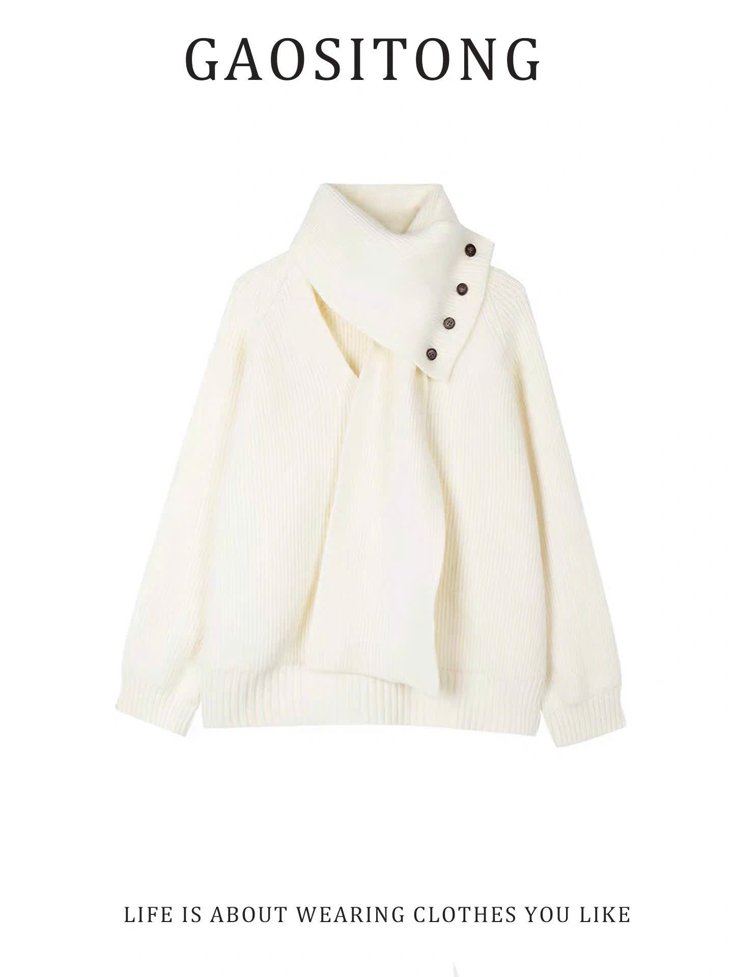 Áo sweater len cổ V đính khăn choàng ấm áp