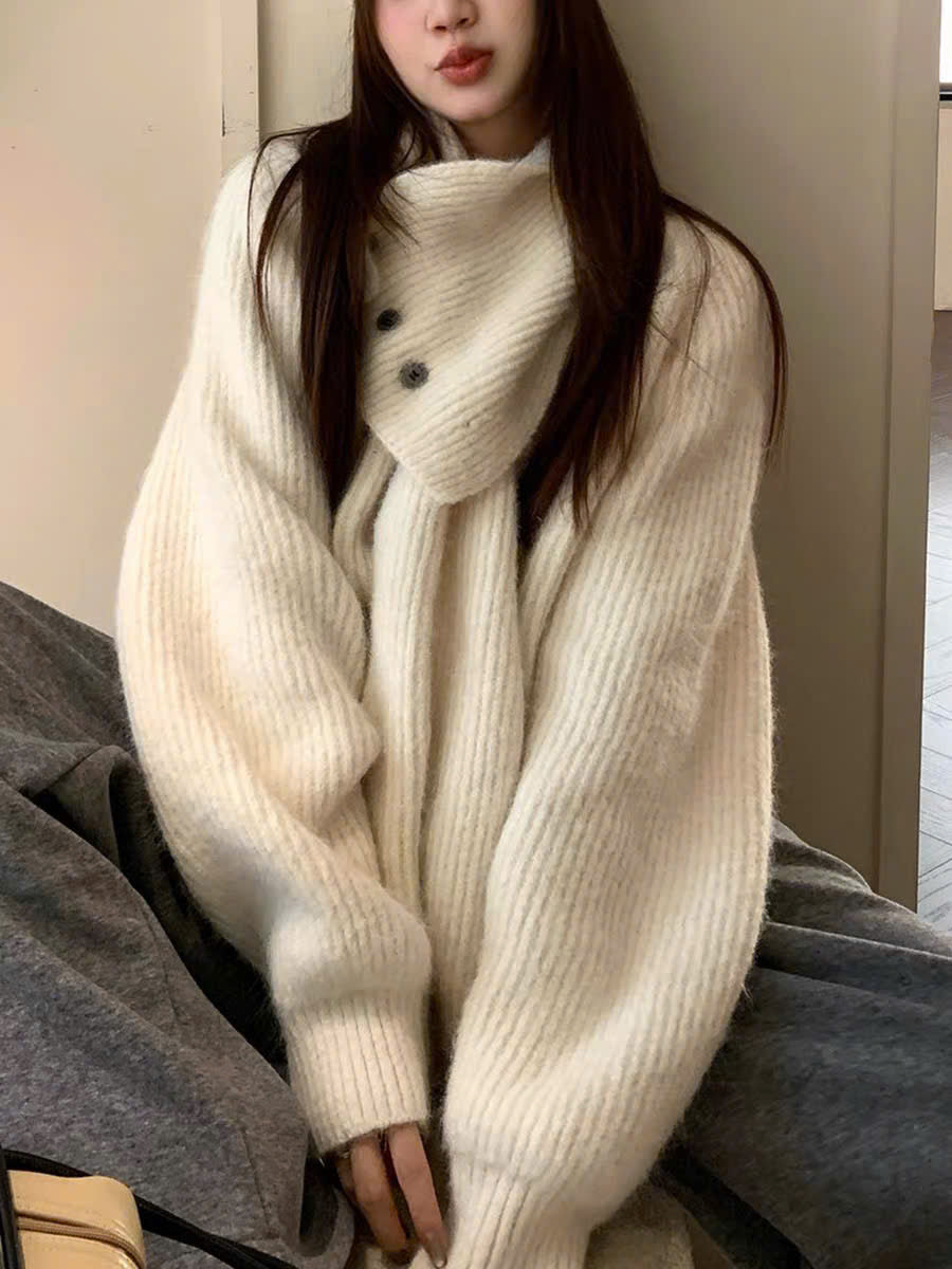 Áo sweater len cổ V đính khăn choàng ấm áp