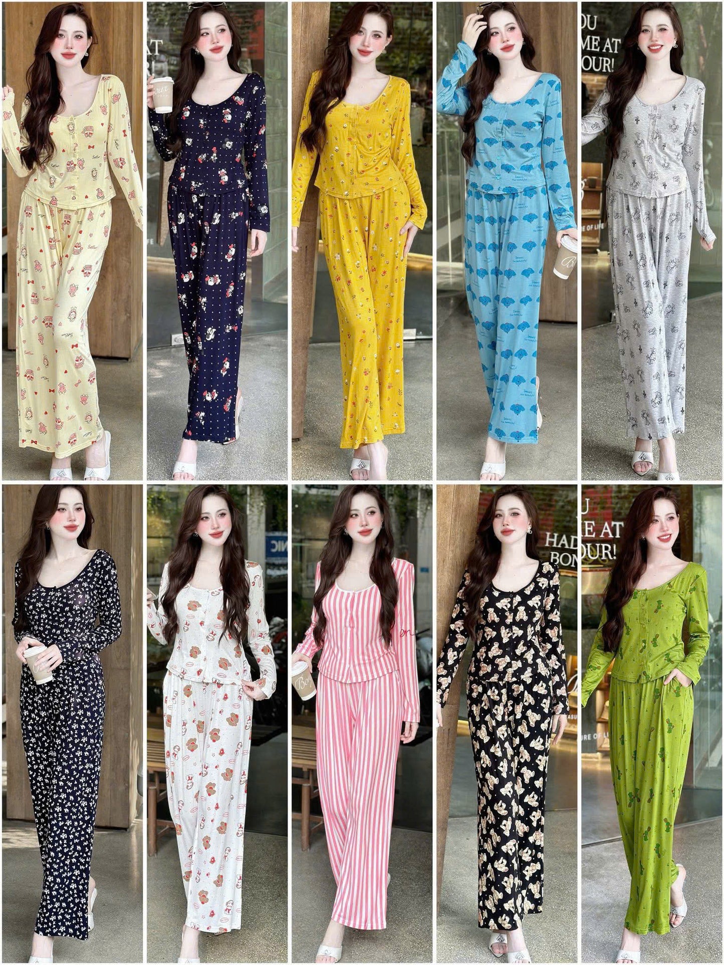 Bộ ngủ tay dài thun cổ tròn in hình dễ thương