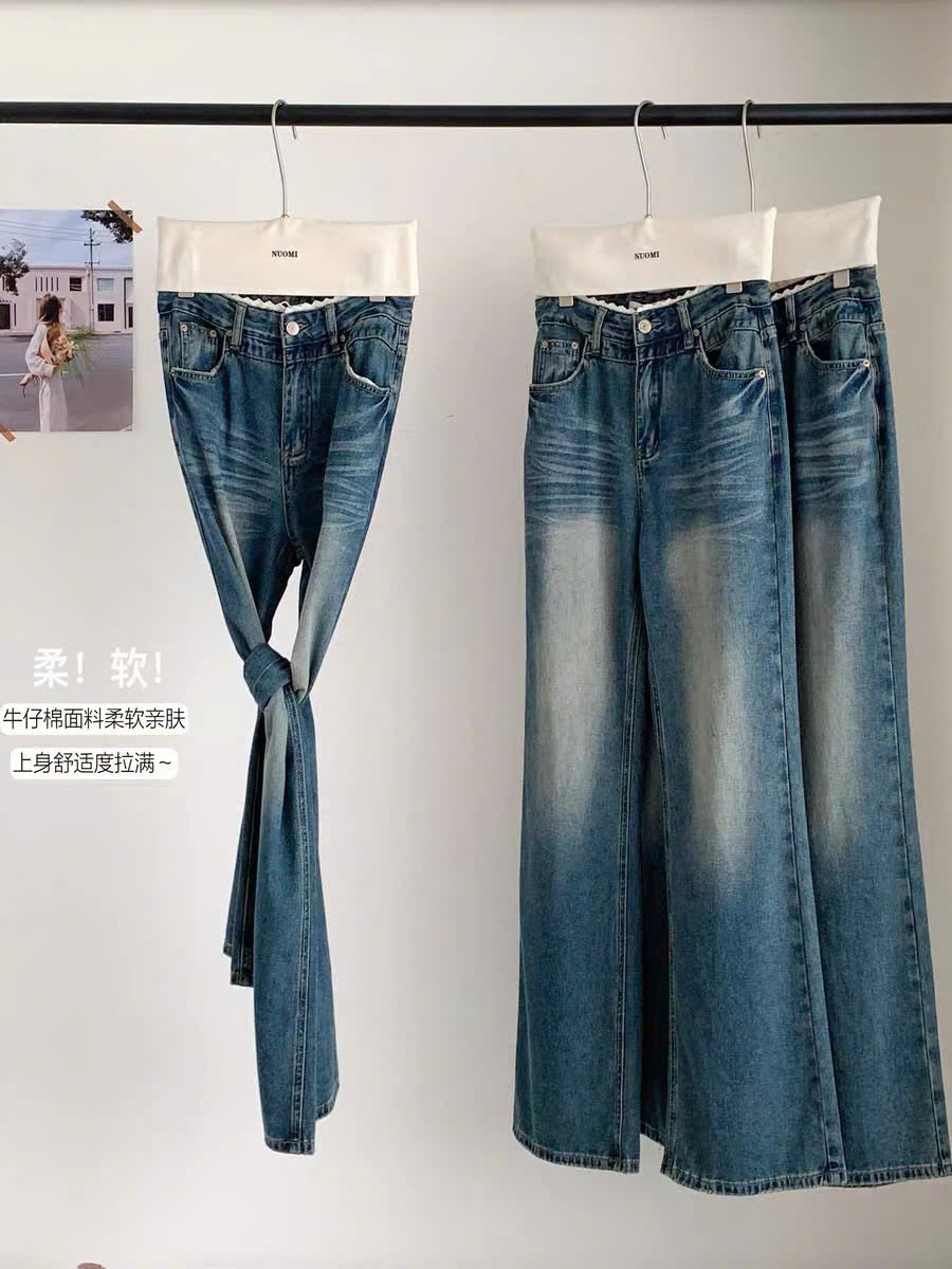 Quần jean suông viền ren màu đậm phai đùi