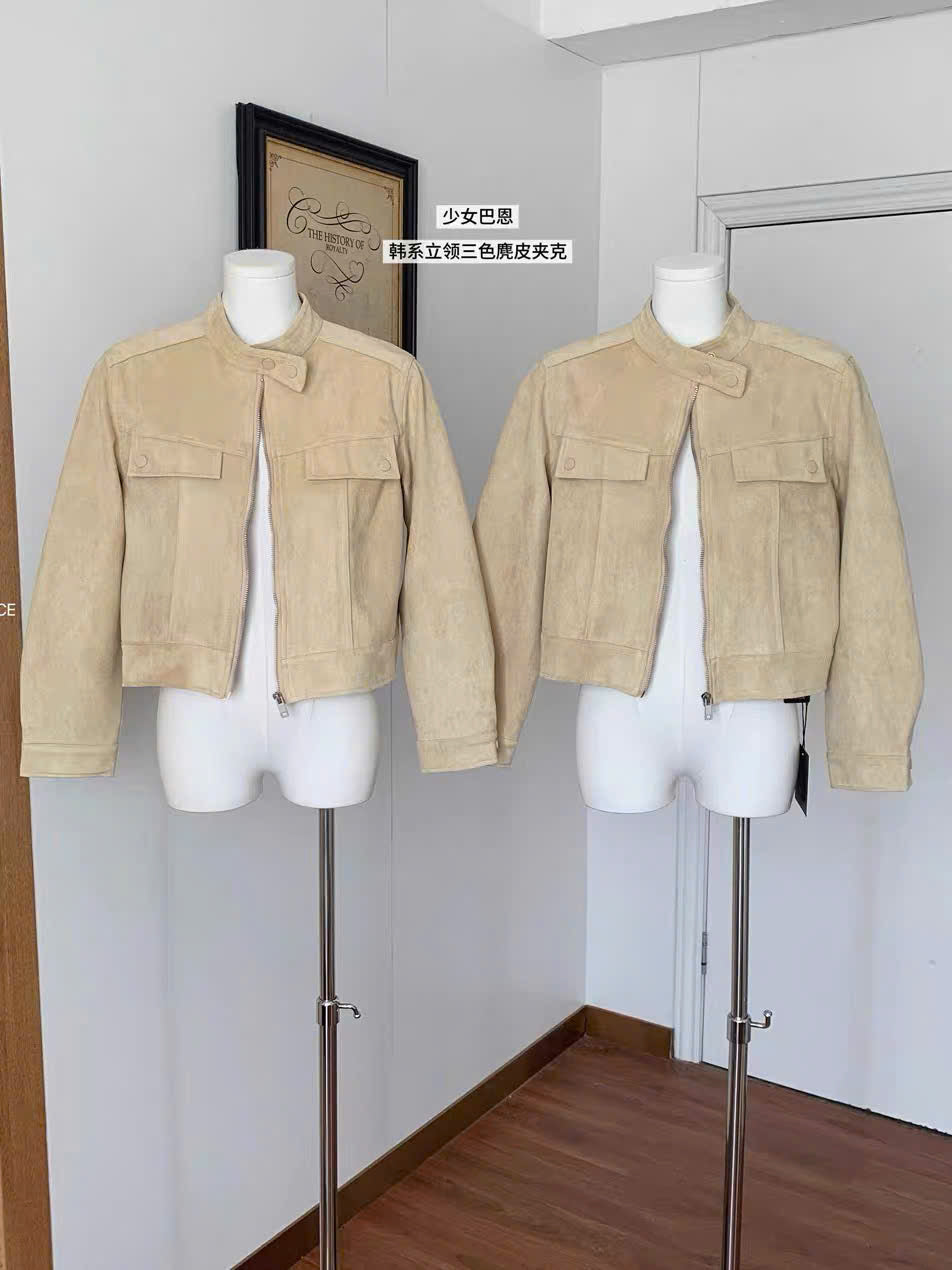 Áo khoác da dáng lửng cổ cài nút