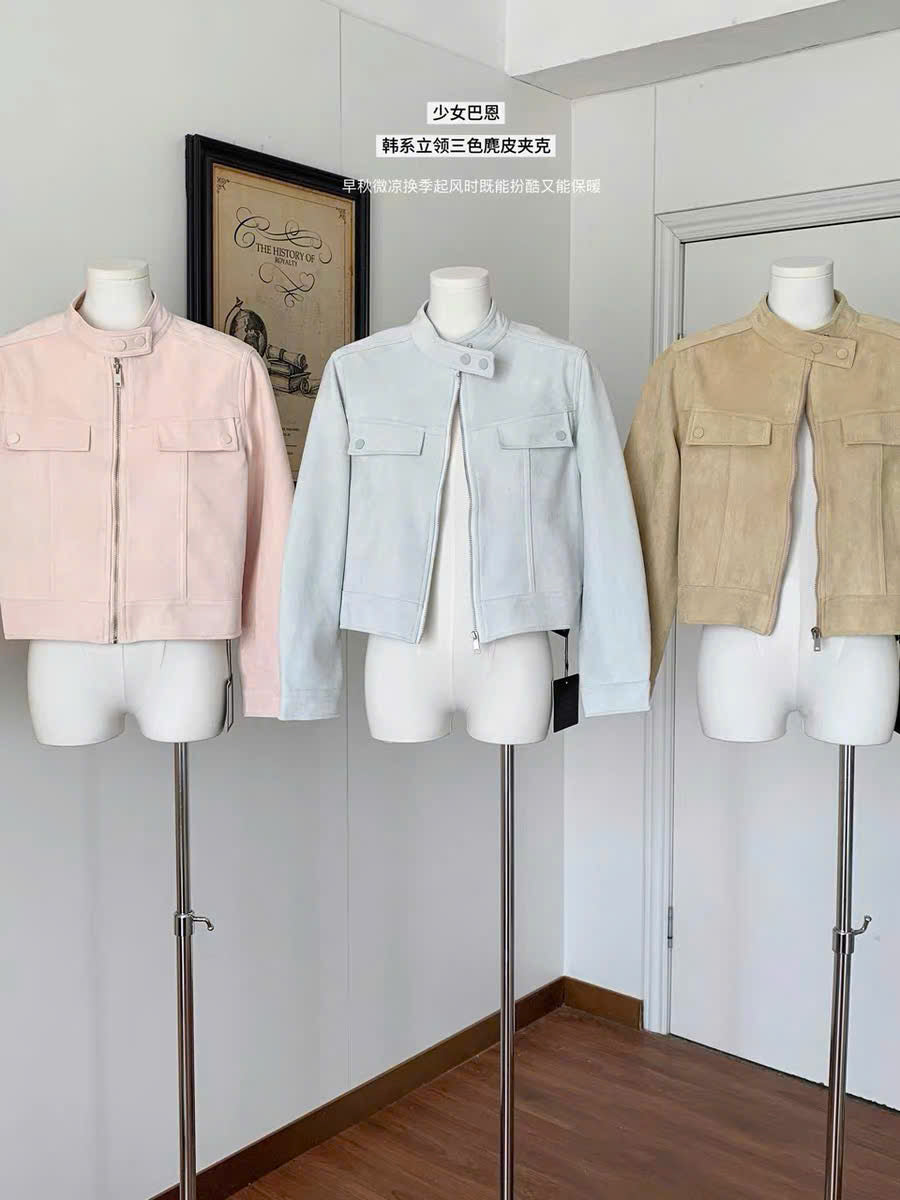 Áo khoác da dáng lửng cổ cài nút