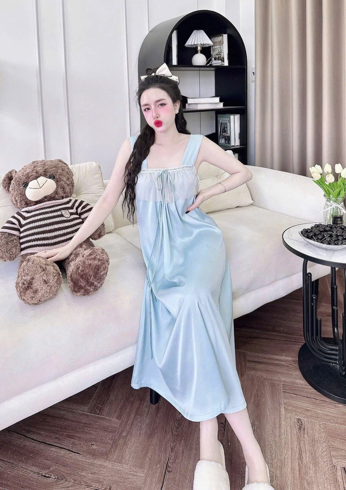 Đầm ngủ 2 dây tơ tằm tiểu thư ren ngực