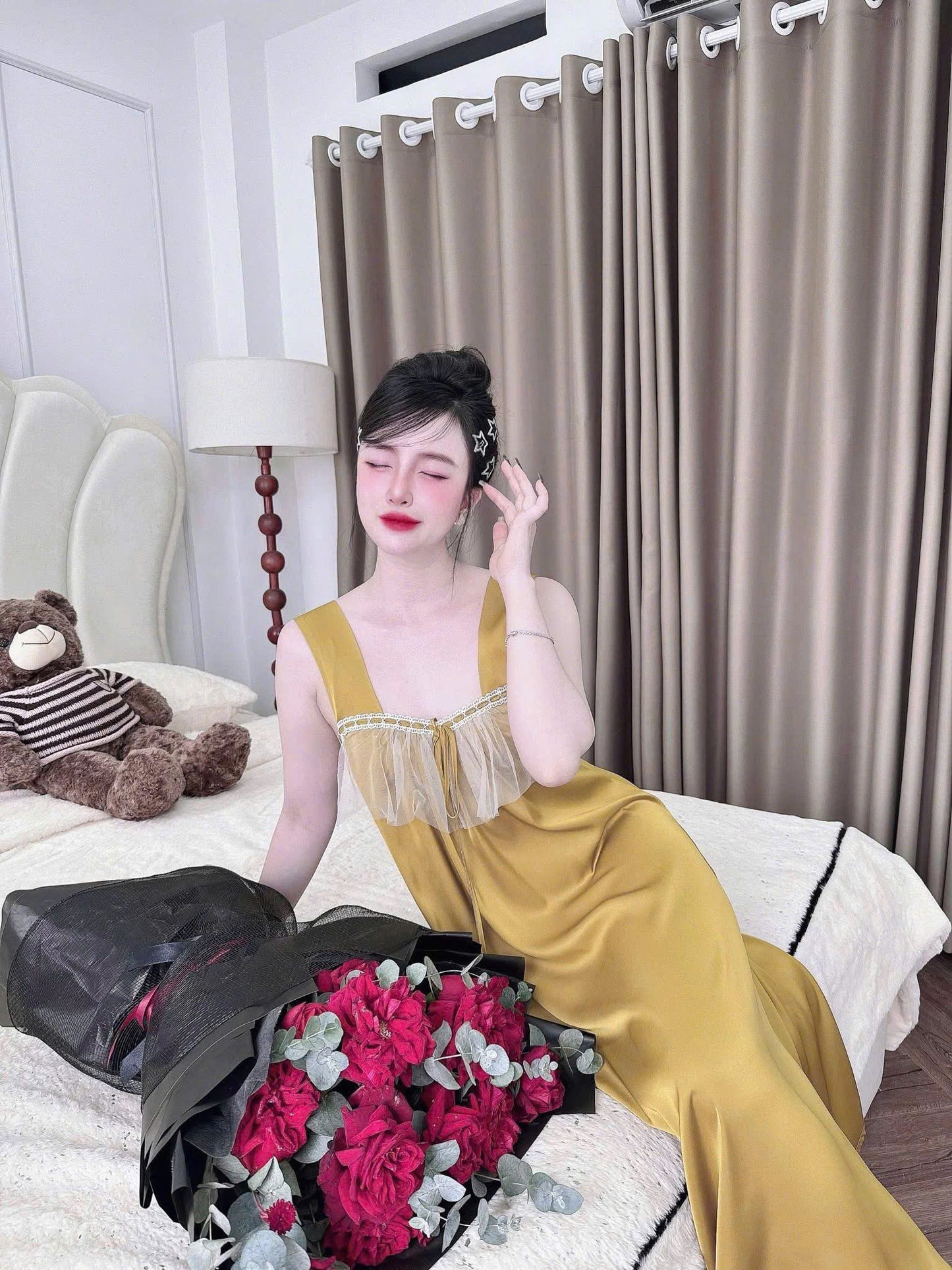 Đầm ngủ 2 dây tơ tằm tiểu thư ren ngực