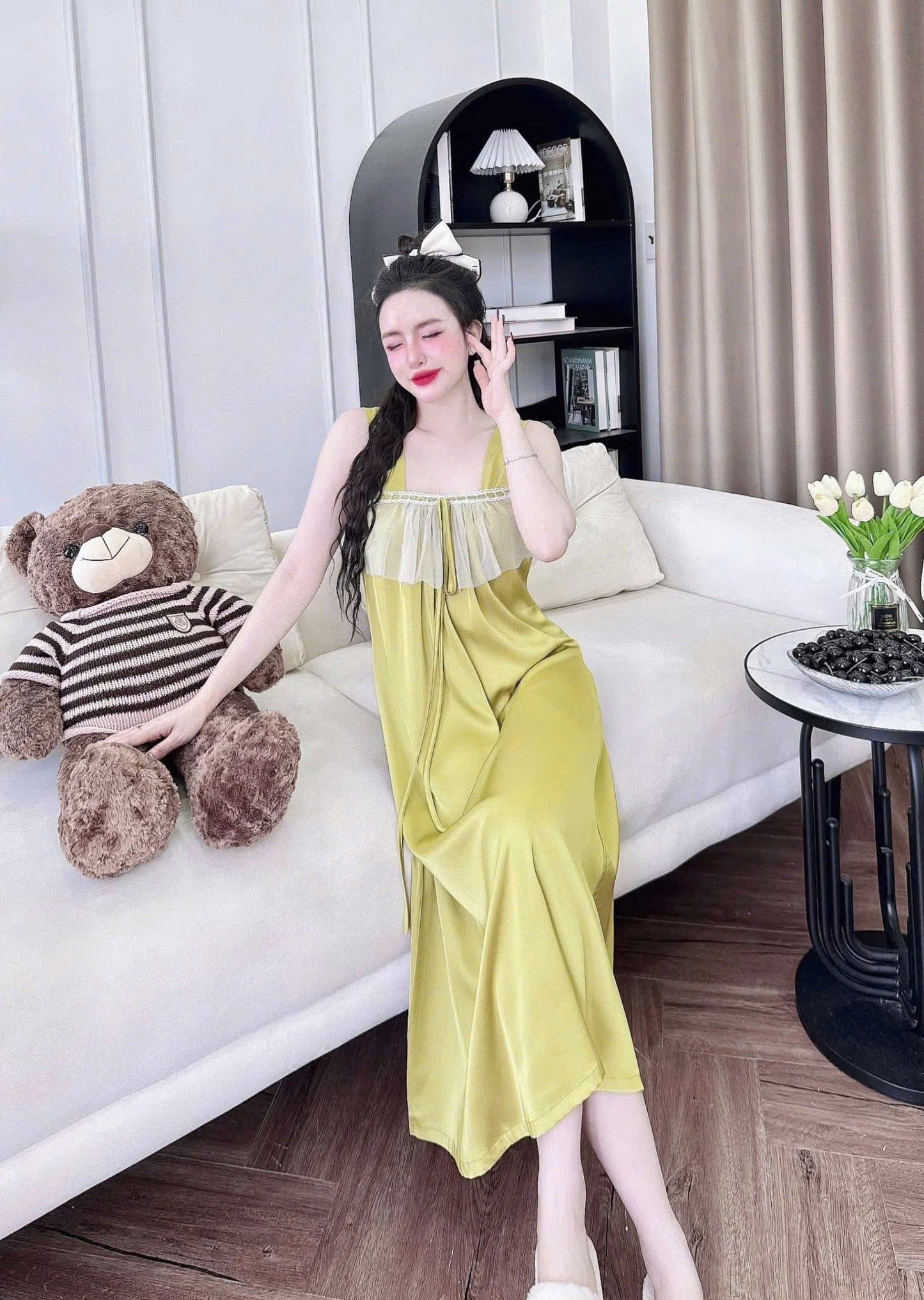 Đầm ngủ 2 dây tơ tằm tiểu thư ren ngực