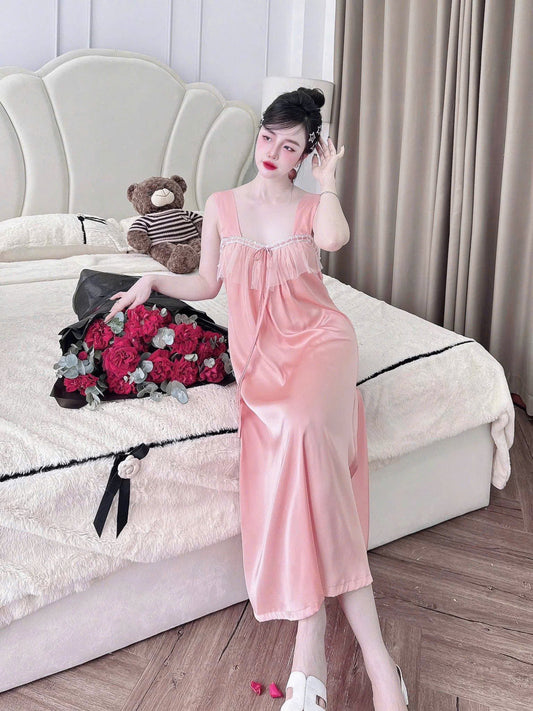 Đầm ngủ 2 dây tơ tằm tiểu thư ren ngực