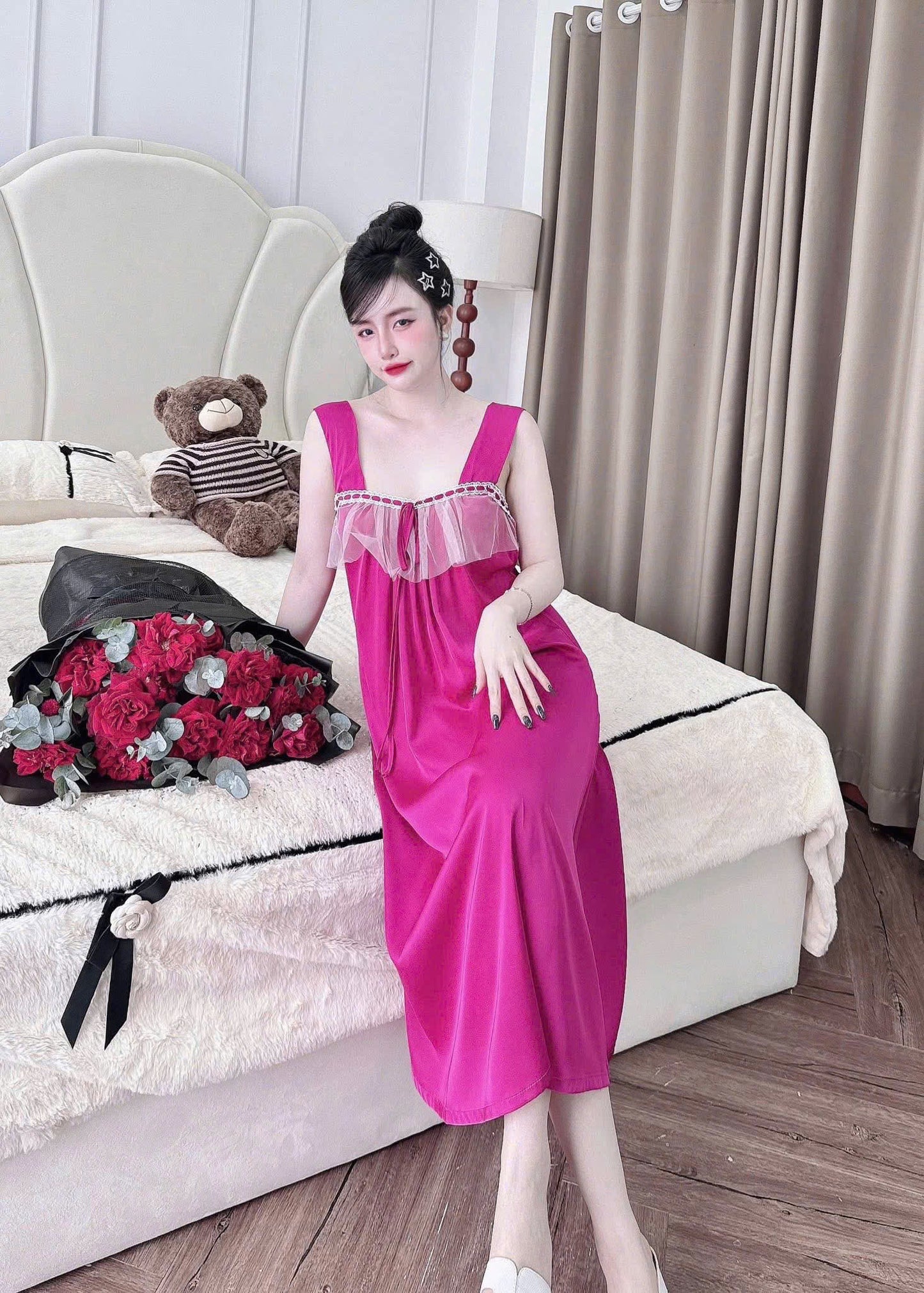 Đầm ngủ 2 dây tơ tằm tiểu thư ren ngực