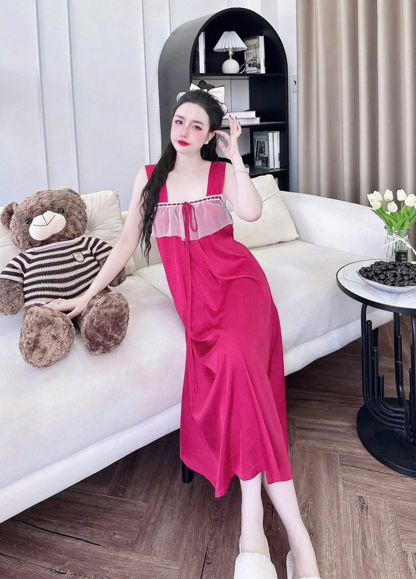 Đầm ngủ 2 dây tơ tằm tiểu thư ren ngực