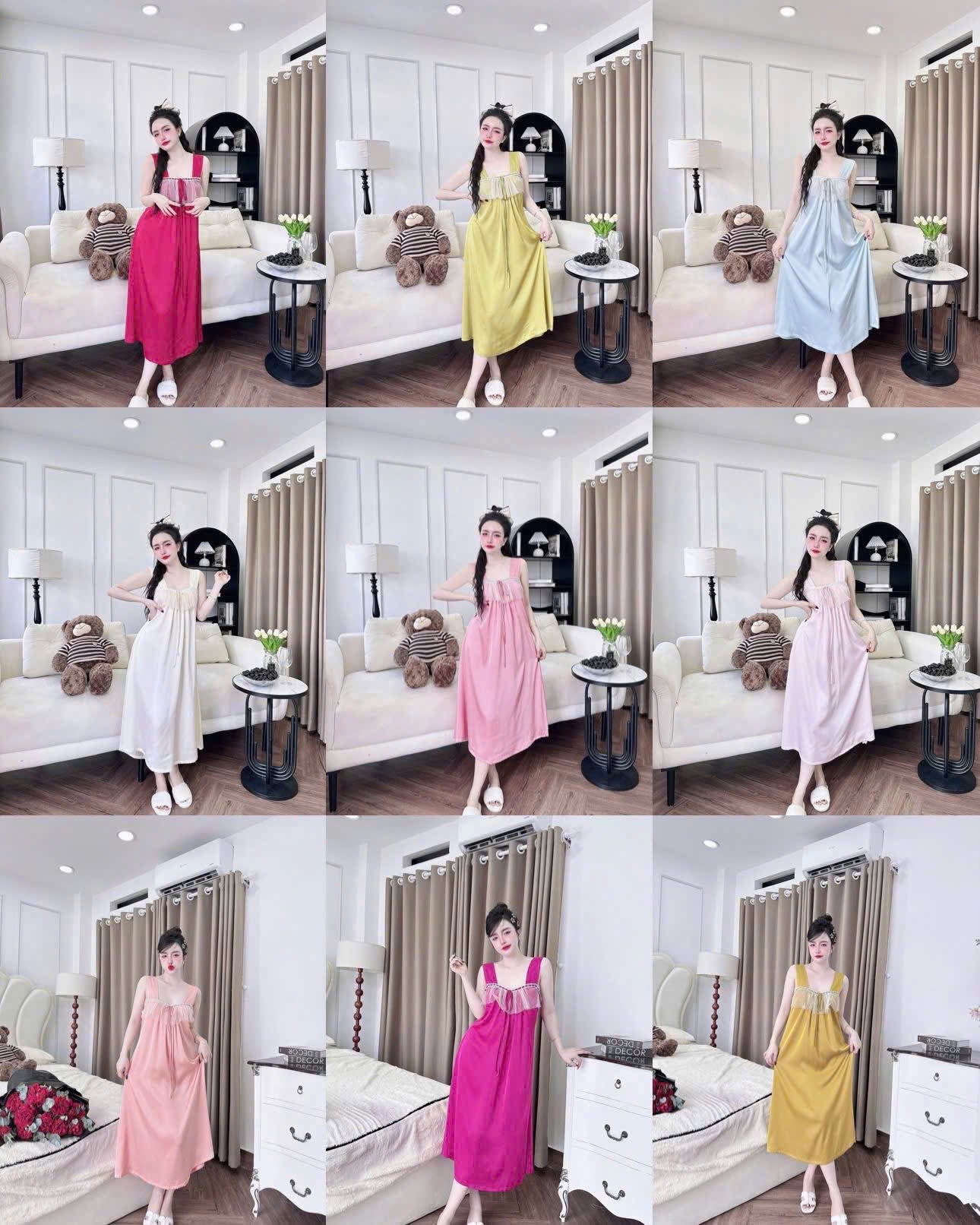 Đầm ngủ 2 dây tơ tằm tiểu thư ren ngực