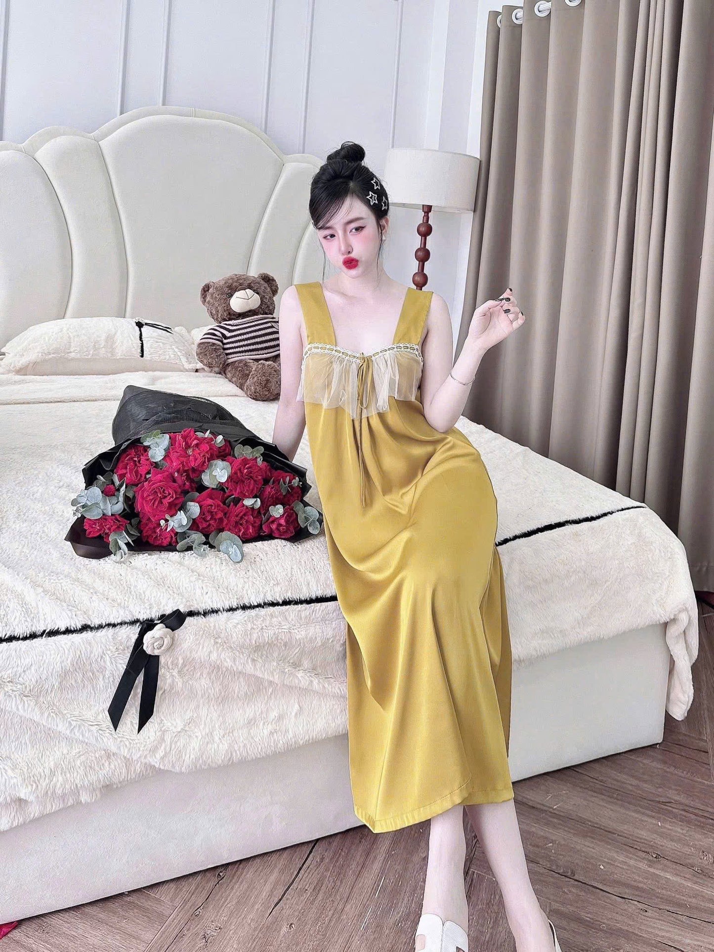 Đầm ngủ 2 dây tơ tằm tiểu thư ren ngực