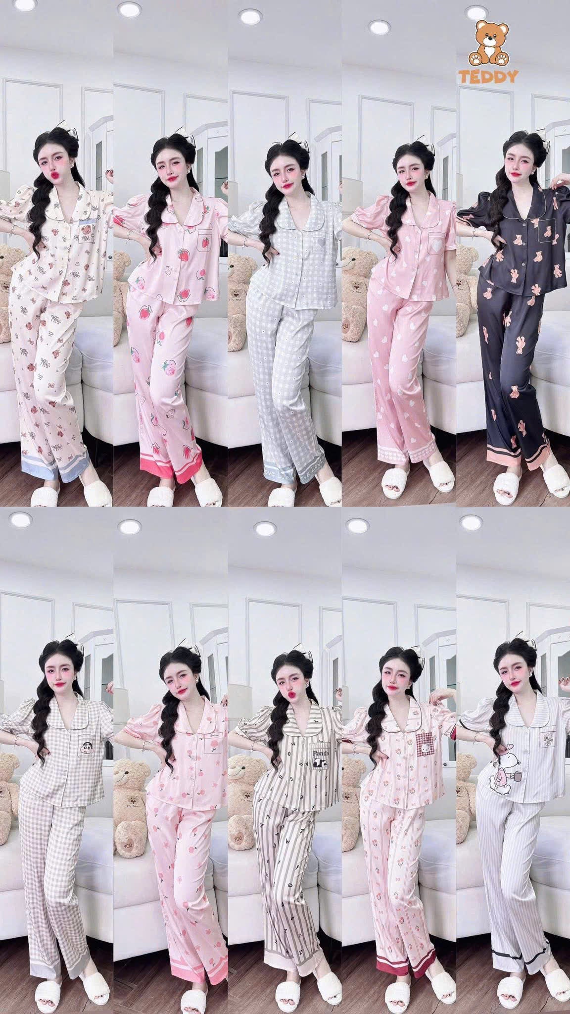 Bộ ngủ tay ngắn phồng Teddy cổ sen viền lé lụa