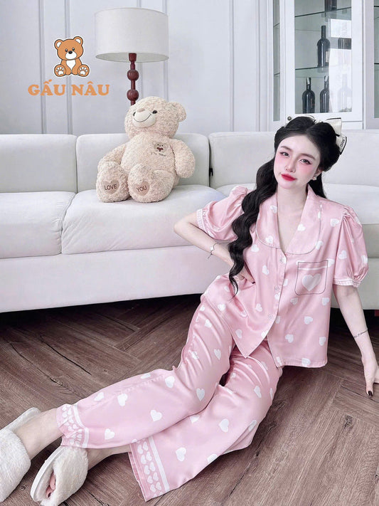 Bộ ngủ tay ngắn phồng Teddy cổ sen viền lé lụa