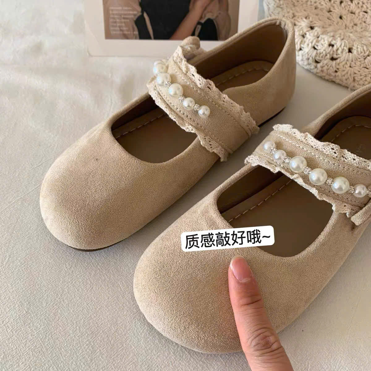 Giày búp bê da quai ngang viền ren nơ