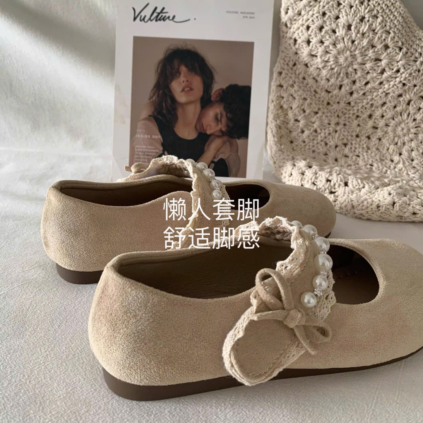 Giày búp bê da quai ngang viền ren nơ