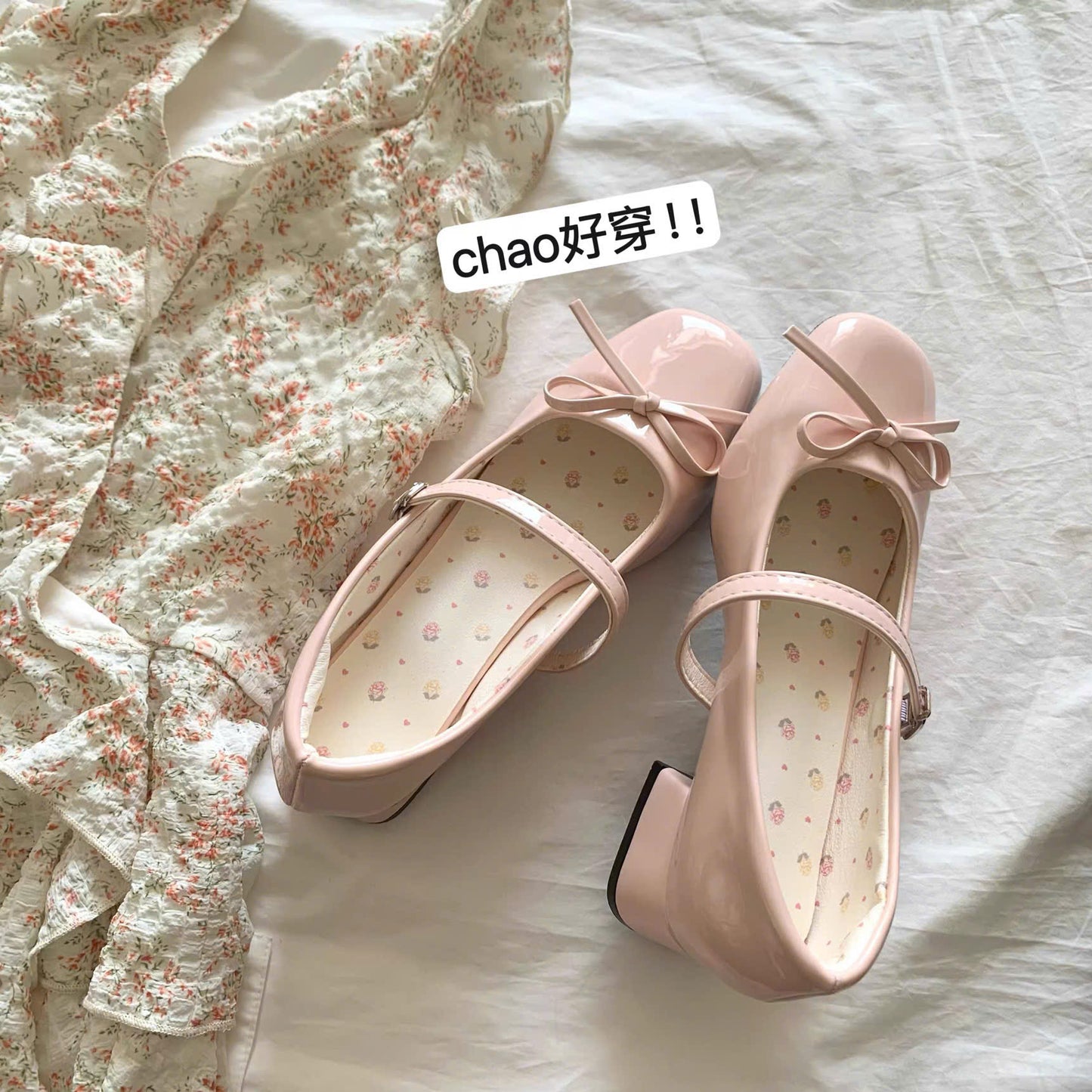 Giày búp bê nơ da bóng quai ngang đế cao
