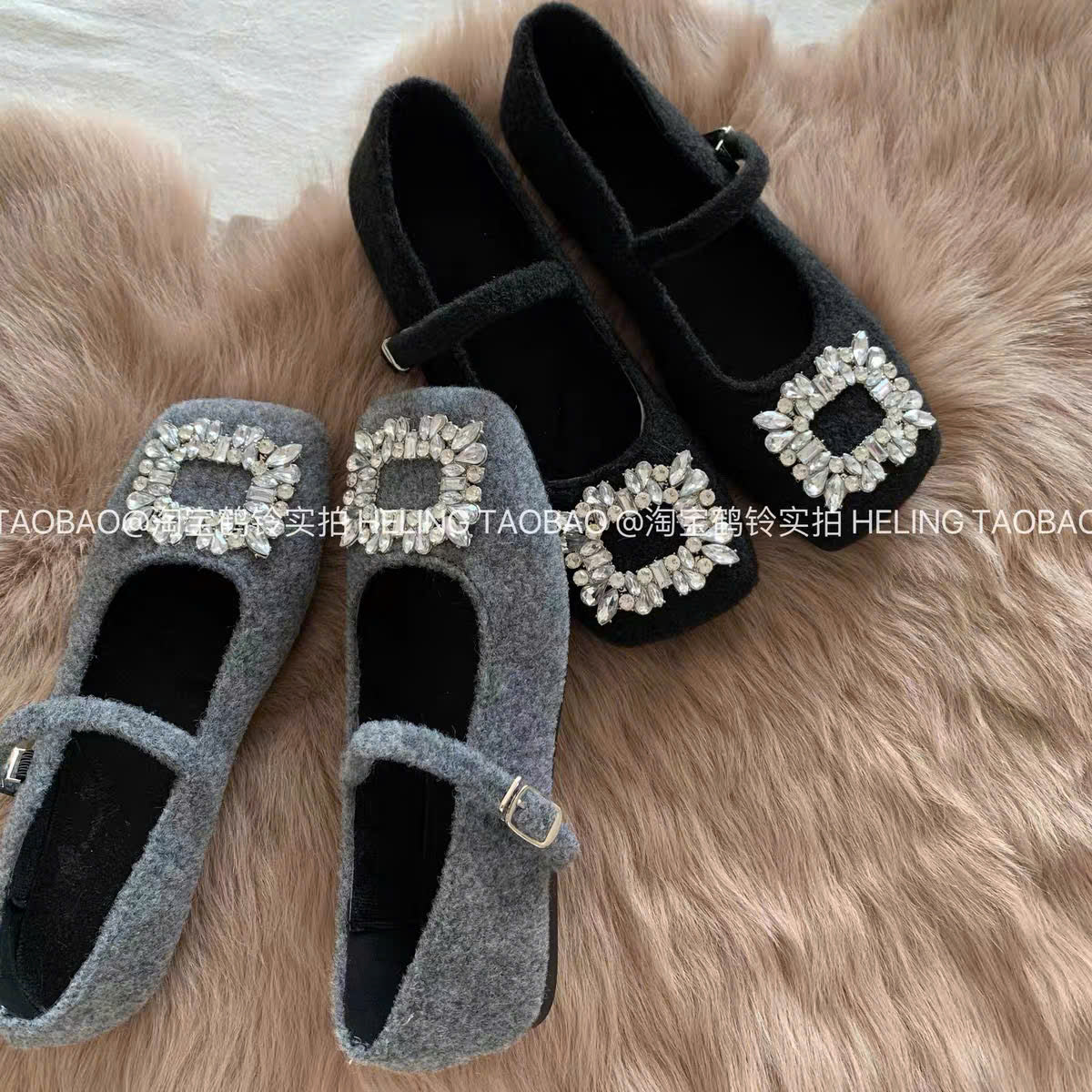 Giày búp bê nỉ mũi vuông đính đá vuông