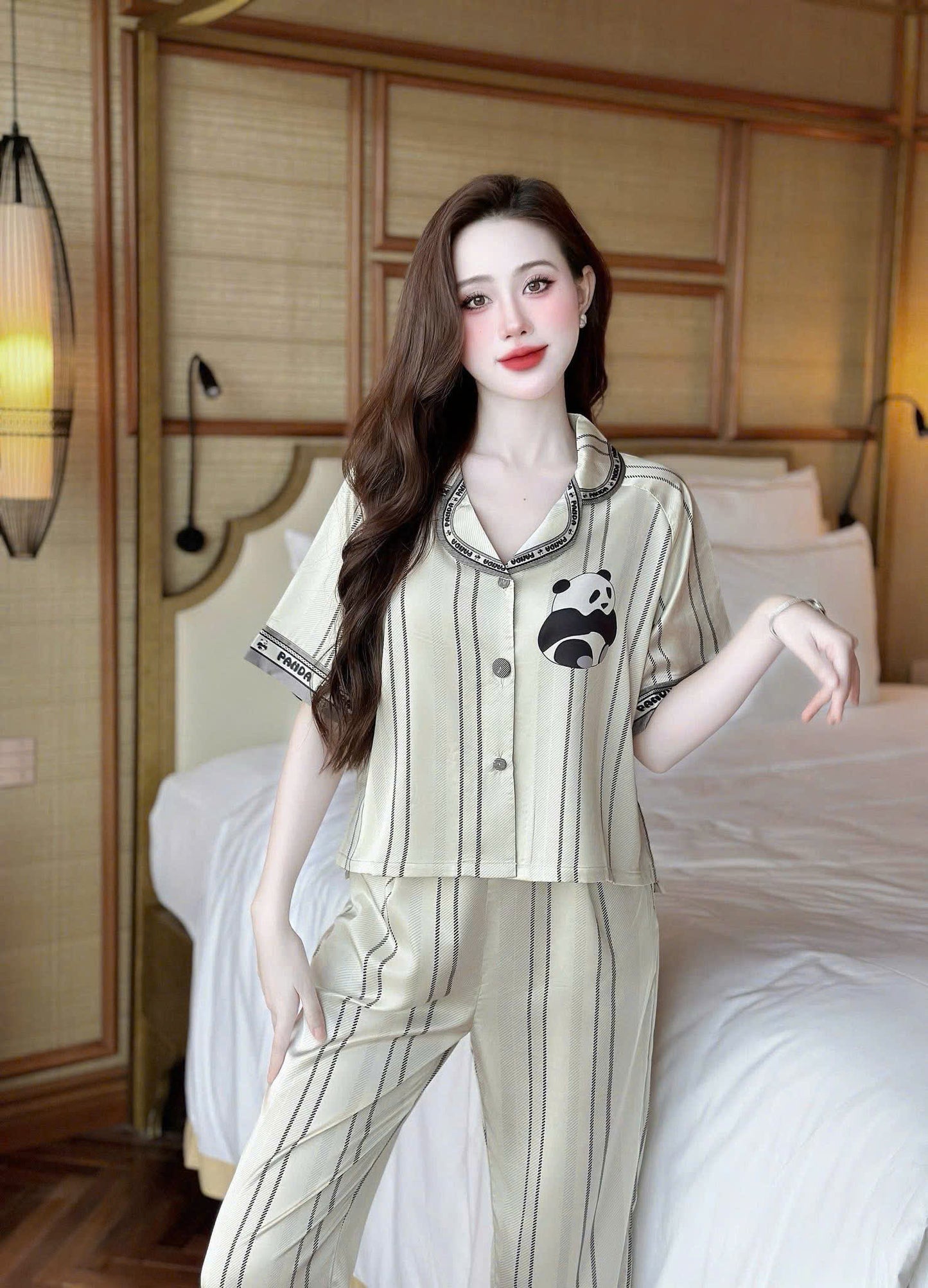 Bộ ngủ tay ngắn áo croptop lụa latin cao cấp