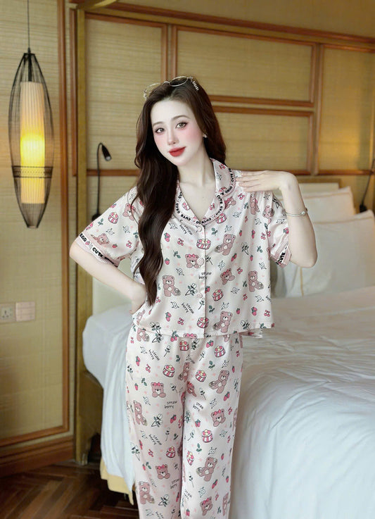 Bộ ngủ tay ngắn áo croptop lụa latin cao cấp