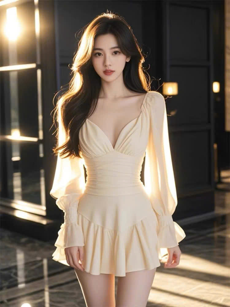 Đầm Gaositong cổ V tay bồng tôn dáng