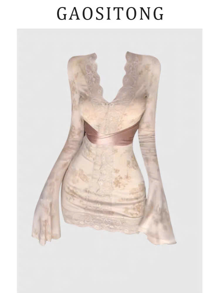 Đầm body cổ V phối ren hoa nhí vintage