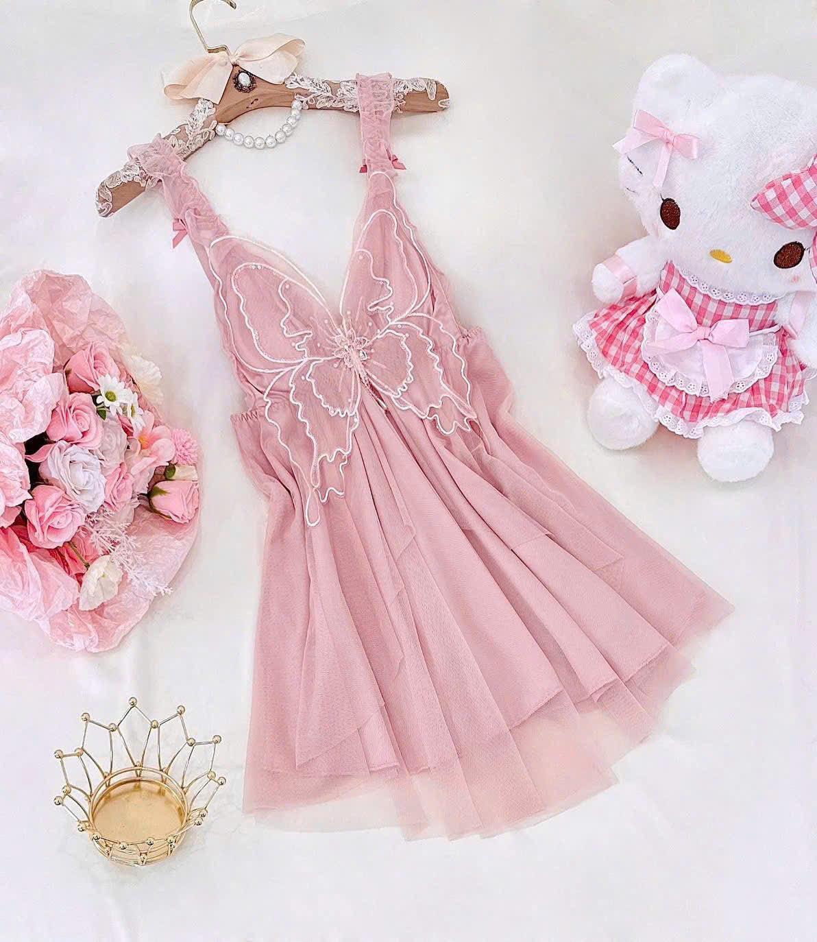 Đầm ngủ 2 dây phối lưới bươm bướm có mút lót