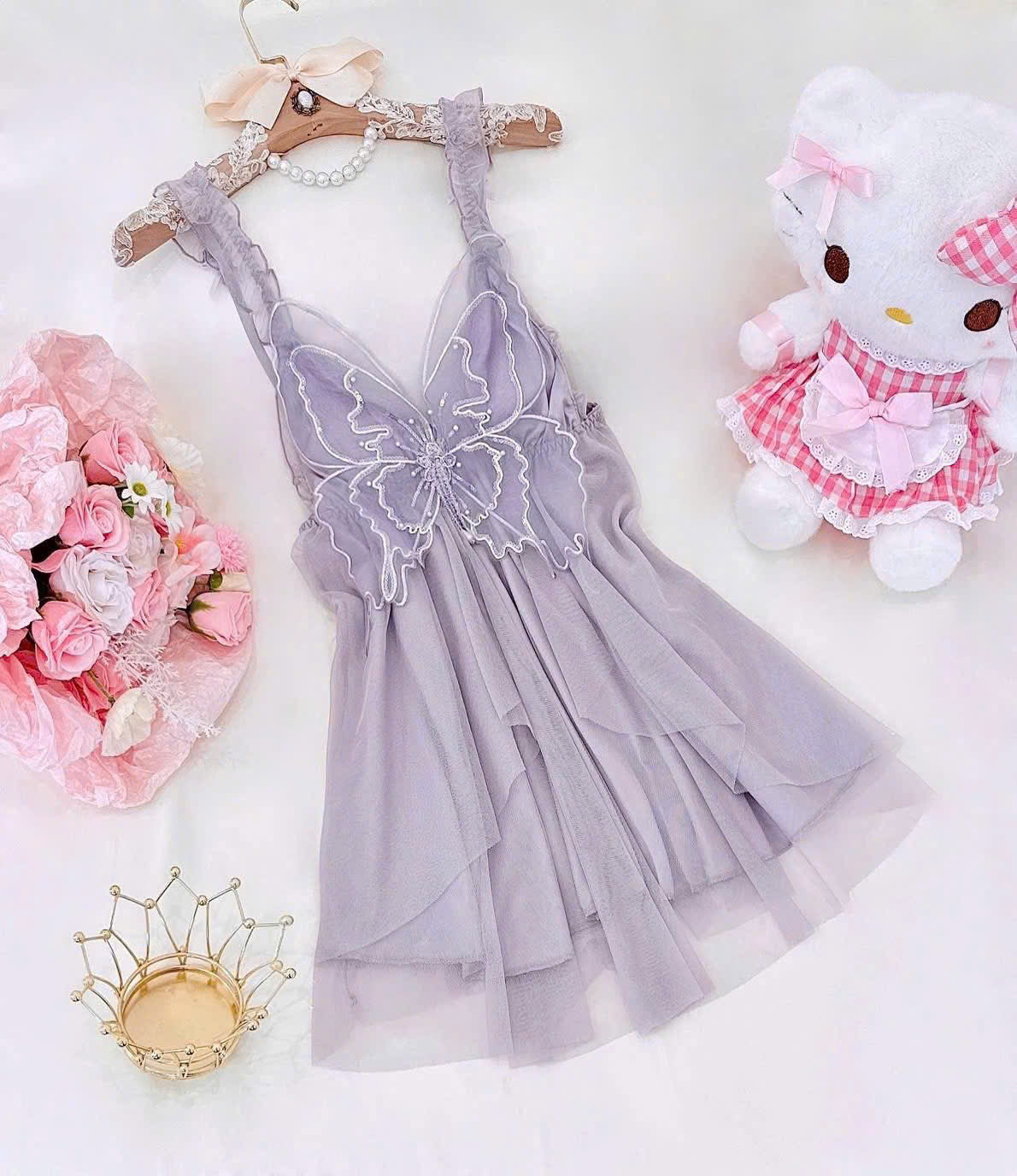 Đầm ngủ 2 dây phối lưới bươm bướm có mút lót